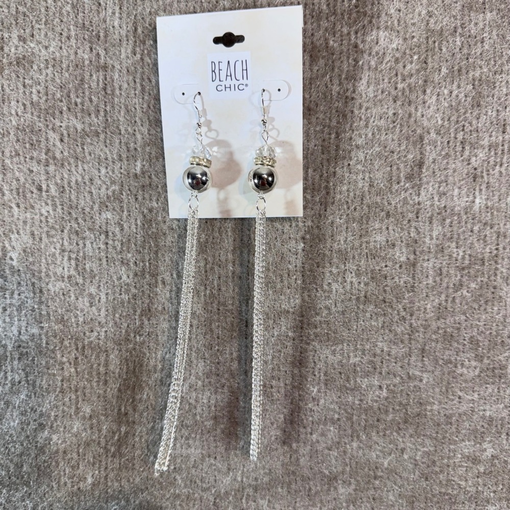 Beach Chic Earrings Women OS Silver Tone Long Tassel Drop Dangle Crystal Orb